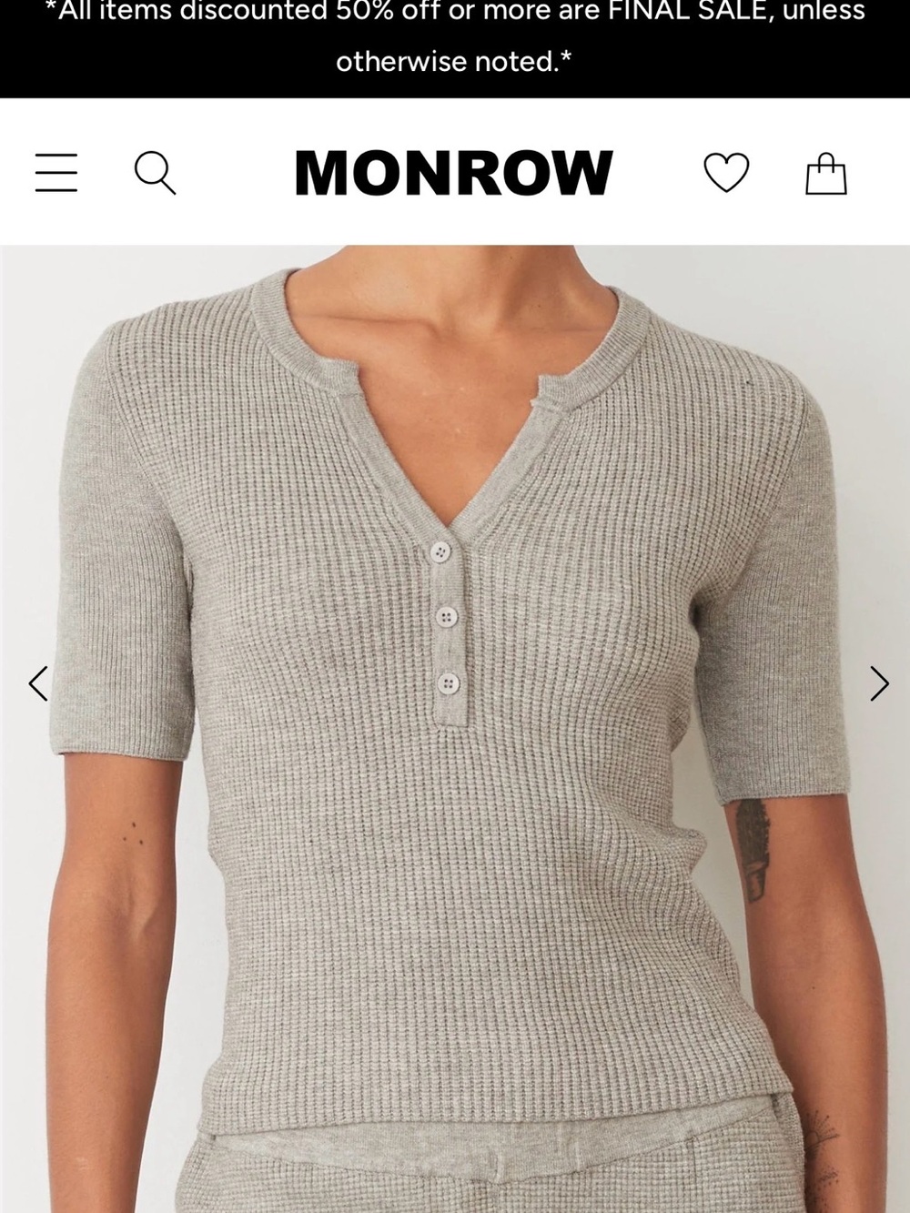 Monrow Light Grey Short-Sleeve Henley Ribbed Knit Top
